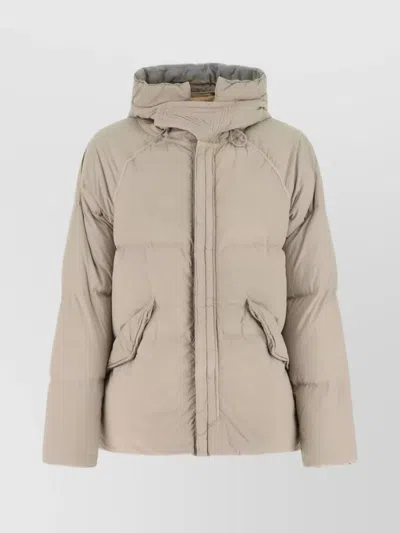 Ten C Nylon Puffer With Hood And Flap Pockets In Neutrals