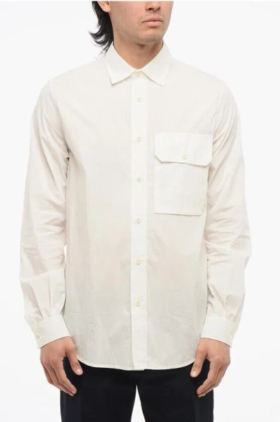 Ten C Solid Color Cotton And Nylon Shirt With Breast Pocket In Neutral