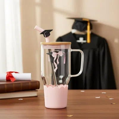 Ten Strawberry Street 10 Strawberry Street Adria Graduation Glass Tumbler With Straw, 33 oz Travel Tumbler, Grad Gift, Pin In Pink