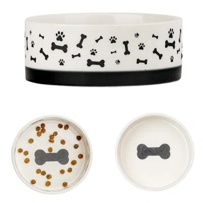 Ten Strawberry Street 10 Strawberry Street  Bone & Paw Banded Pet Dish, Large In White