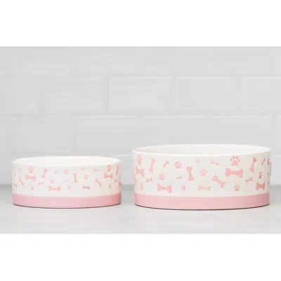 Ten Strawberry Street 10 Strawberry Street  Bone & Paw Banded Pet Dish, White & Pink, Set Of 2, Small In White;pink