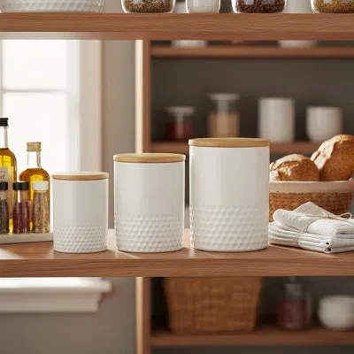 Ten Strawberry Street 10 Strawberry Street Embossed Ceramic Kitchen Canister Set, Dimpled Matte White, Bamboo Lids