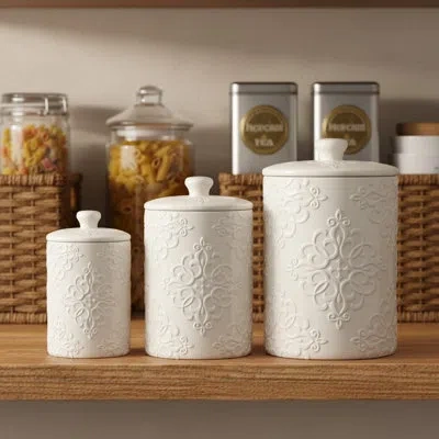 Ten Strawberry Street 10 Strawberry Street Embossed Ceramic Kitchen Canister Set, Stamp White