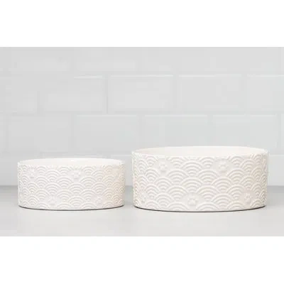 Ten Strawberry Street 10 Strawberry Street Embossed Wave Paw Pet Dish, White, Set Of 2, Small