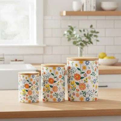 Ten Strawberry Street 10 Strawberry Street Folk Floral Spring Ceramic Kitchen Canister Set, Folk Floral, Bamboo Lids In Multi