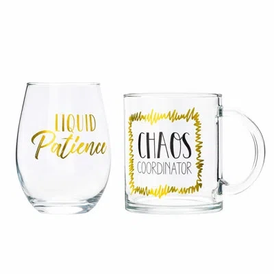 Ten Strawberry Street 10 Strawberry Street Mother's Day Glass Gift Set, Coffee Mug & Stemless Wine Glass, Mom Life In Transparent