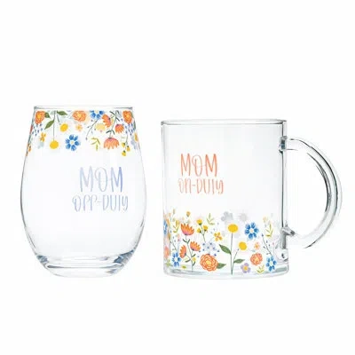 Ten Strawberry Street 10 Strawberry Street Mother's Day Glass Gift Set, Coffee Mug & Stemless Wine Glass, Mom On Mom Off In Multi