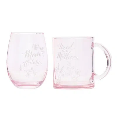 Ten Strawberry Street 10 Strawberry Street Mother's Day Glass Gift Set, Coffee Mug & Stemless Wine Glass, Tired Mom In Pink