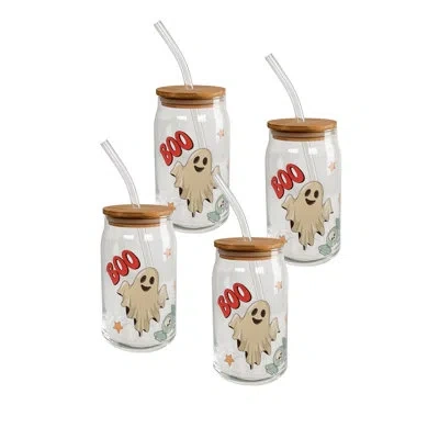 Ten Strawberry Street 10 Strawberry Street Retro Boo Glass Tumbler With Straw & Lid, Set Of 4 In Clear
