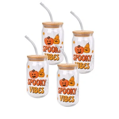 Ten Strawberry Street 10 Strawberry Street Spooky Vibes Glass Tumbler With Straw & Lid, Set Of 4 In Clear