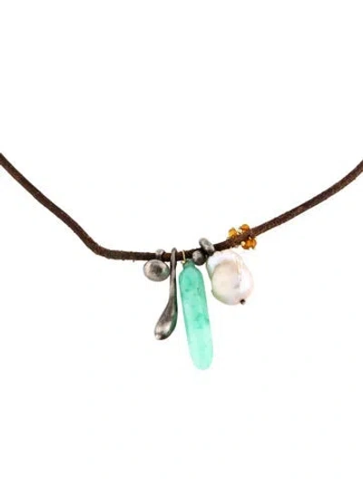 Pre-owned Ten Thousand Things Pearl, Dyed Quartzite & Garnet Leather Cord Pendant Necklace, 15.75" In Brown