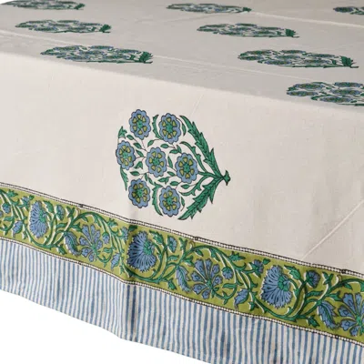Ten Thousand Villages Devika Floral + Stripe Block Print Tablecloth In Ivory