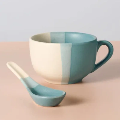 Ten Thousand Villages Pheeka Striped Jumbo Mug With Spoon In Blue
