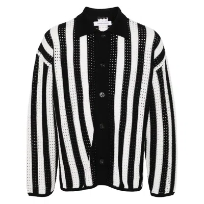 Tender Person Open-knit Striped Cardigan In White/black