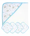 Tendertyme Baby Boys And Baby Girls Elephant And Balloons Hooded Bath Towel With 4 Matching Wash Cloths In Blue