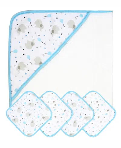 Tendertyme Baby Boys And Baby Girls Elephant And Balloons Hooded Bath Towel With 4 Matching Wash Cloths In Blue