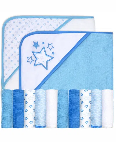 Tendertyme Baby Boys And Baby Girls Stars 2 Pack Hooded Bath Towels With 10 Matching Wash Cloths In Light Blue