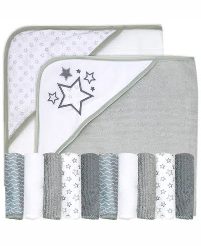 Tendertyme Baby Boys And Baby Girls Stars 2 Pack Hooded Bath Towels With 10 Matching Wash Cloths In Light Gray