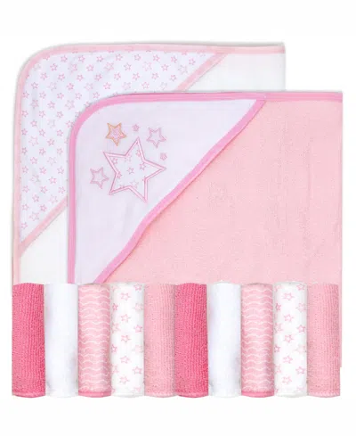 Tendertyme Baby Boys And Baby Girls Stars 2 Pack Hooded Bath Towels With 10 Matching Wash Cloths In Light Pink