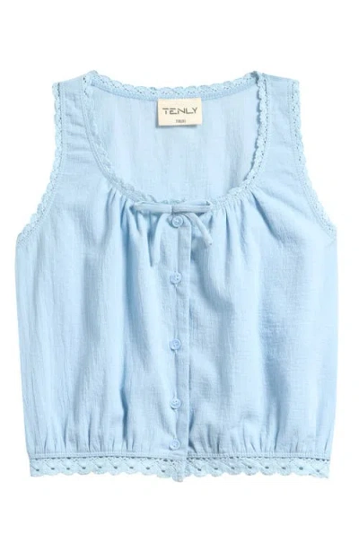 Tenly Kids' Lace Trim Gauze Peasant Top In Blue