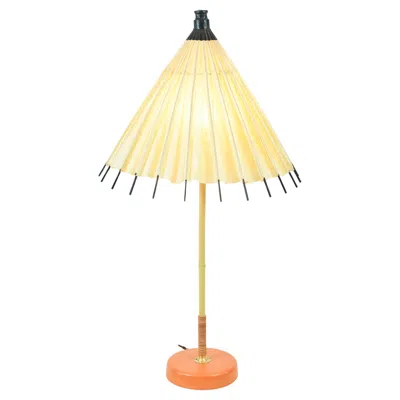 Pre-owned Tennant New York Bamboo And Leather Table Lamp With Vintage Japanese Parasol Shade [in Stock] In Orange