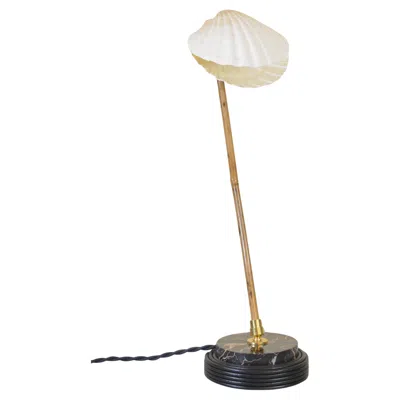 Pre-owned Tennant New York Bamboo Table Lamp With Black Leather And Marble Base And Scallop Shell Shade