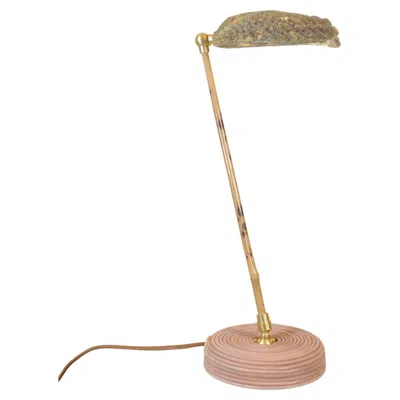 Pre-owned Tennant New York Bamboo Task Lamp With Coiled Leather Base And Natural Abalone Shell Shade In Brown