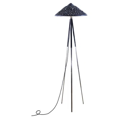 Pre-owned Tennant New York Chrome And Black Tripod Lamp With Hand-painted Black Woven Grass Shade, In Stock In Green