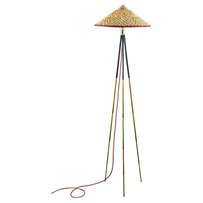 Pre-owned Tennant New York 'horst' Tripod Lamp In 2-tone Brass With Red-banded Shade By Christopher Tennant In Sand