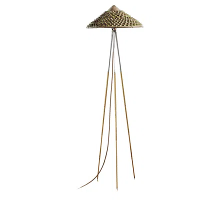 Pre-owned Tennant New York 'horst' Tripod Lamp In Chrome And Brass With Hand-painted Conical Shade In Sand