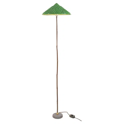 Pre-owned Tennant New York Indoor/outdoor Black Bamboo Floor Lamp With Hand-painted Woven-grass Shade