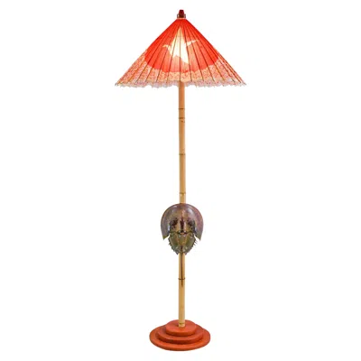 Pre-owned Tennant New York Jumbo Horseshoe Crab Lamp With Antique Parasol Shade By Christopher Tennant In Orange