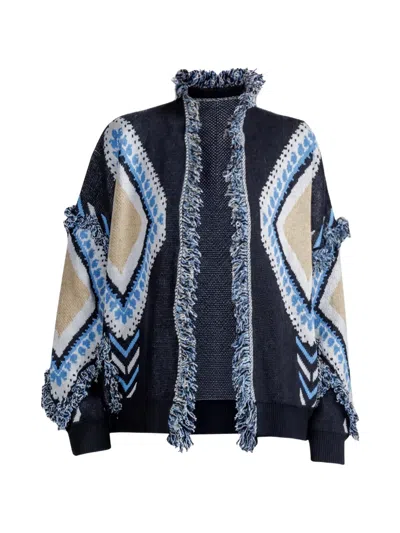 Tensione In Geometric-pattern Fringed Cardigan In Blue