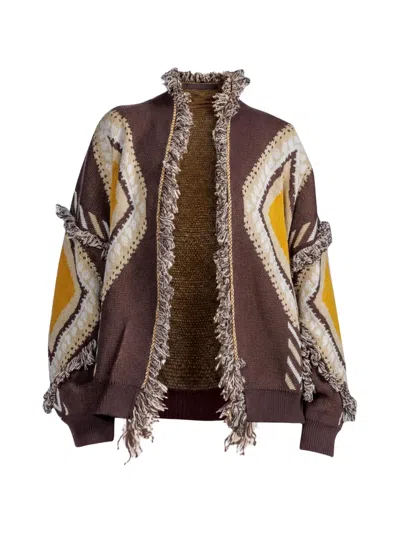 Tensione In Geometric-pattern Fringed Cardigan In Brown