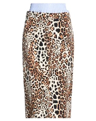Tensione In Woman Midi Skirt Light Brown Size M Cotton, Elastane In Animal Print