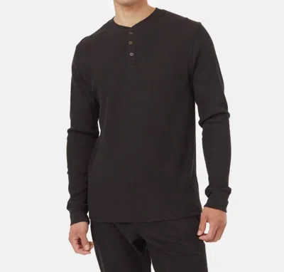 Tentree Waffle Henley Long Sleeve T-shirt In Charcoal In Black