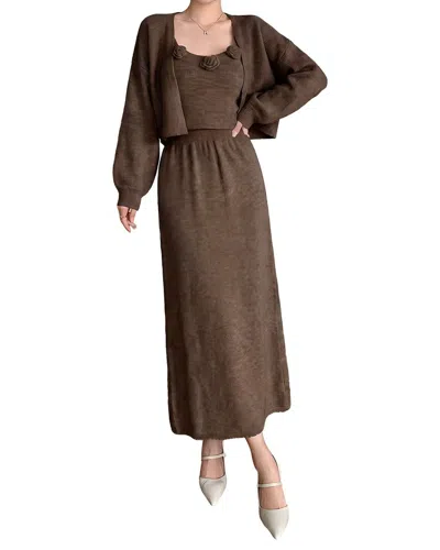 Teodora 3p Cardigan, Top, & Skirt Set In Brown