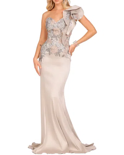 Terani 3d Shoulder Lace Dress In Silver