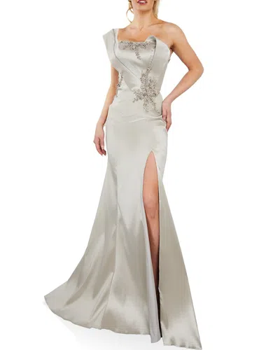 Terani 3d Shoulder Lace Dress In Gray
