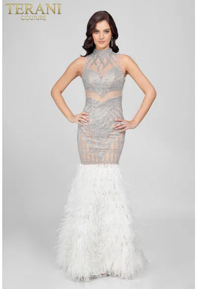Terani Couture 1721gl4452 Long Formal Prom Dress In Silver