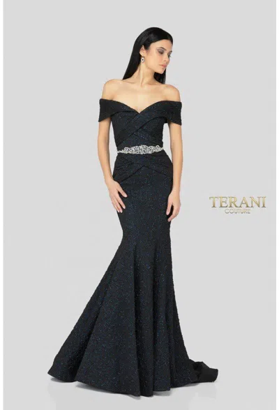Terani Couture 1812m6657 Long Off The Shoulder Evening Gown In Blue