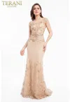 Terani Couture 1823m7704 Long Formal Sequin Metallic Prom Dress In Nude