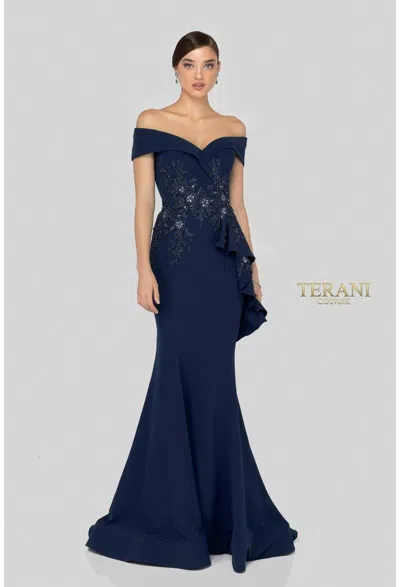 Terani Couture 1911m9339 Long Off Shoulder Prom Dress In Blue