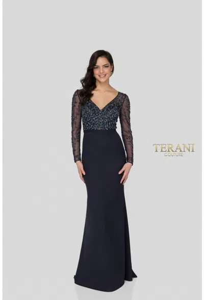 Terani Couture 1912m9352 Long Sleeve Fitted Formal Evening Dress In Blue