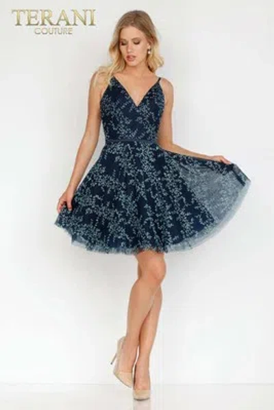 Pre-owned Terani Couture 1912p8083 Evening Dress Lowest Price Guarantee Authentic In Navy