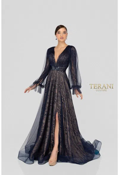 Terani Couture 1913m9414 Long V-neck Formal Dress In Black