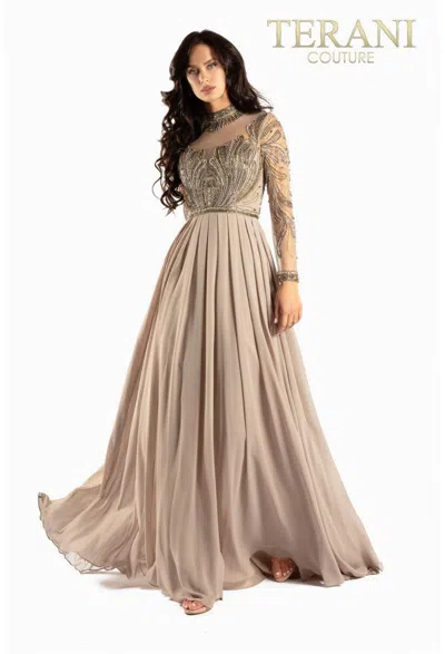Terani Couture 2011m2126 Long Sleeve Formal Dress In Gold