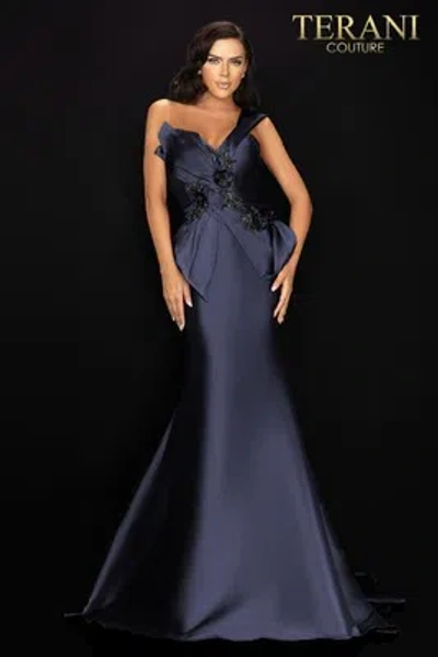 Pre-owned Terani Couture 2011m2160 Evening Dress Lowest Price Guarantee Authentic In Navy