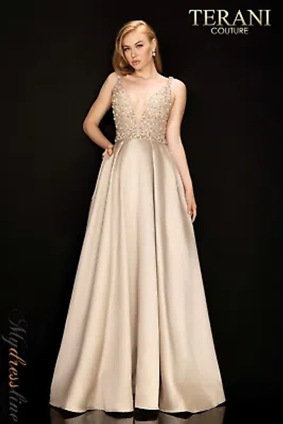 Pre-owned Terani Couture 2011p1094 Evening Dress Lowest Price Guarantee Authentic In Sand