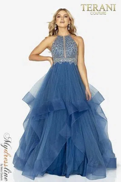 Pre-owned Terani Couture 2011p1217 Evening Dress Lowest Price Guarantee Authentic In Dusty Blue Mocha